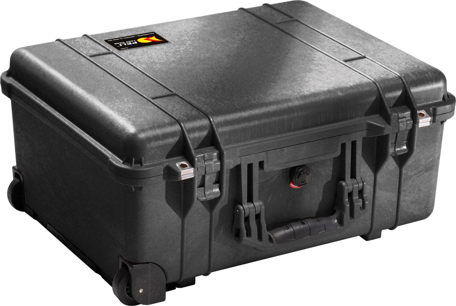 The 1560 Protector Case is a black hard-shell rolling case with metal latches, a sturdy handle, watertight protection, and a top label for easy identification.