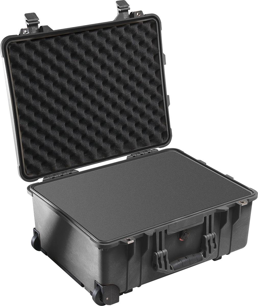 The 1560 Protector Case is a black, crushproof PELI case with foam padding and an open lid, designed for protective storage and easy transport.