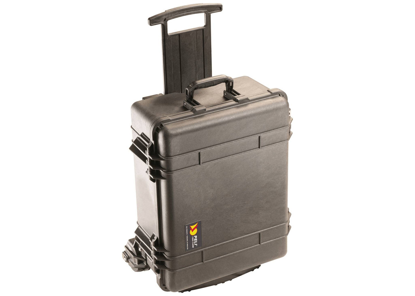 The PELI 1560M Protector Mobility Case is a black, hard-shell, crushproof case featuring an extended telescopic handle and a small logo on the lower front corner.