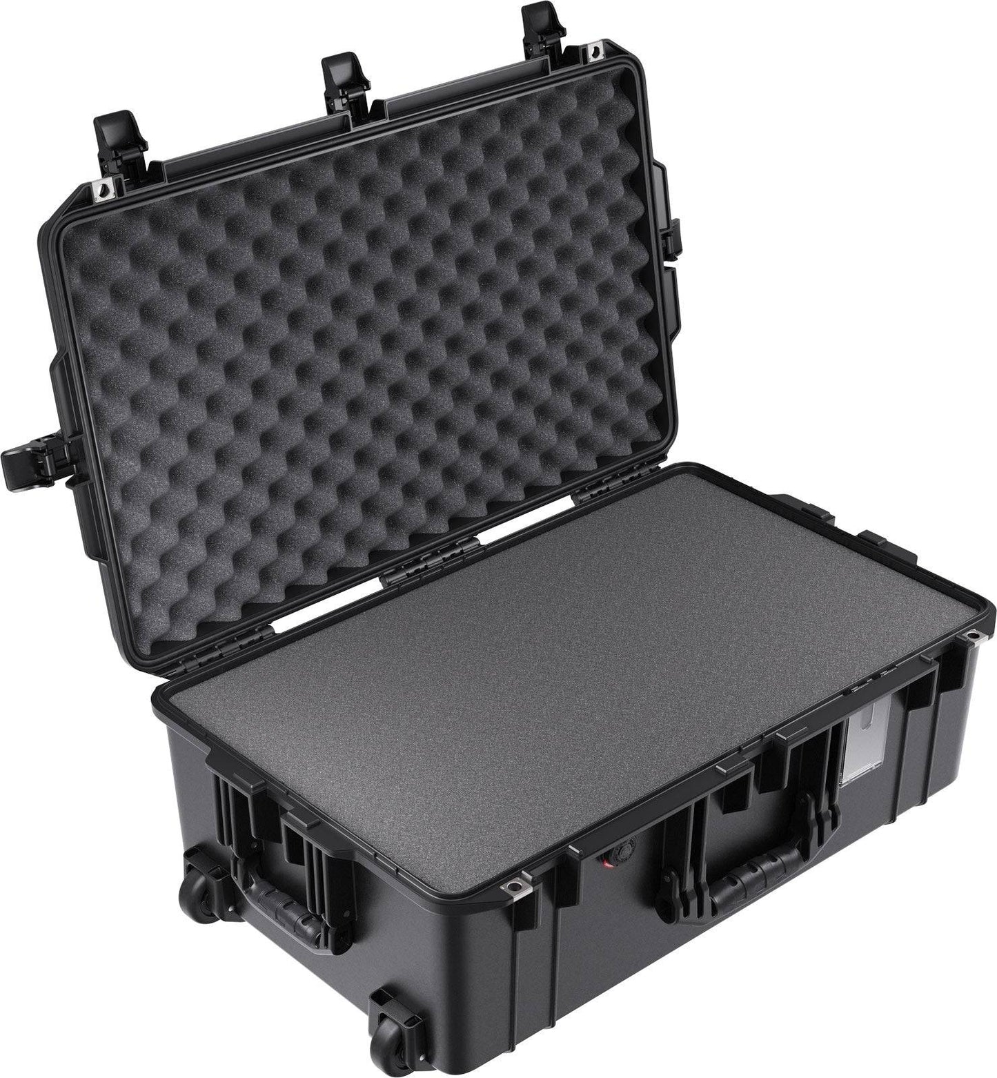 The 1595 Air Case is a large black hard-shell waterproof case with foam padding, secure latches, and a handle. Shown open and empty, it’s ideal for airline check-in.