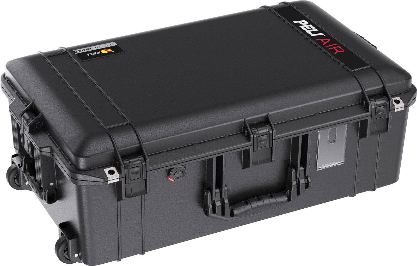 The 1595 Air Case is a black, lightweight Pelican travel case with wheels, handle, and latches, designed for durable equipment protection and transport.