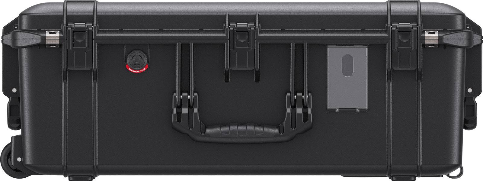 The 1595 Air Case is a black hard-shell waterproof case with latches, wheels, carrying handle, and a clear label holder—perfect for airline check-in.