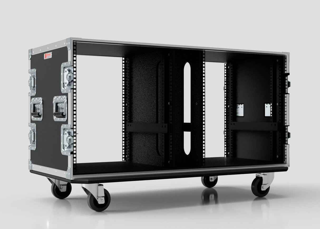 The 15U Double Bay Rack Case is a spacious black equipment rack on wheels, featuring metal handles and reinforced edges, shown empty against a plain background.