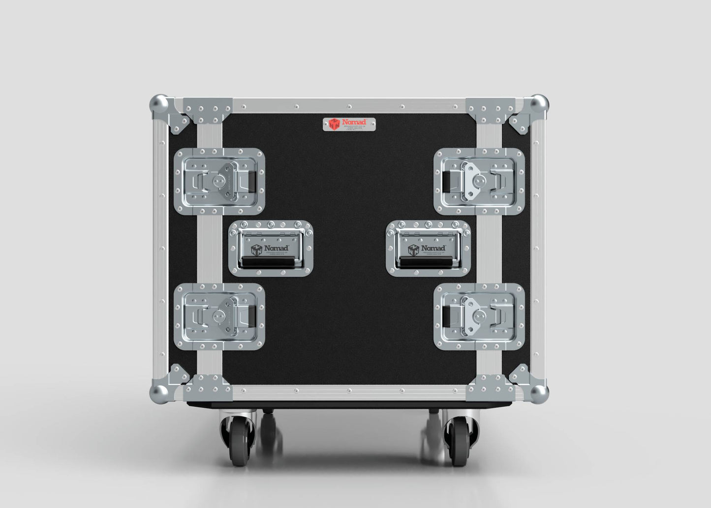A 15U Double Bay Rack Case in black and silver, featuring four metal latches and a handle, displayed against a plain light gray background.