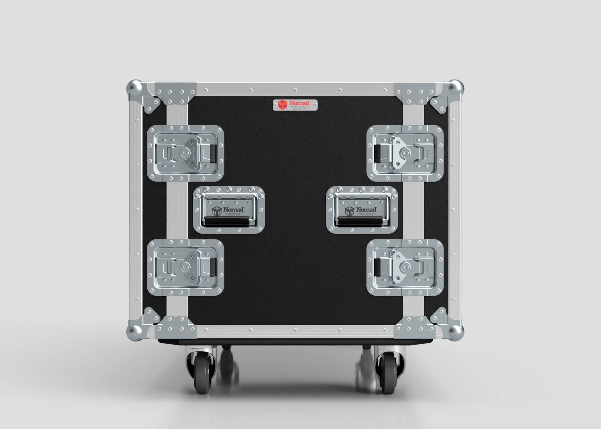 A 15U Double Bay Rack Case in black and silver, featuring four metal latches and a handle, displayed against a plain light gray background.