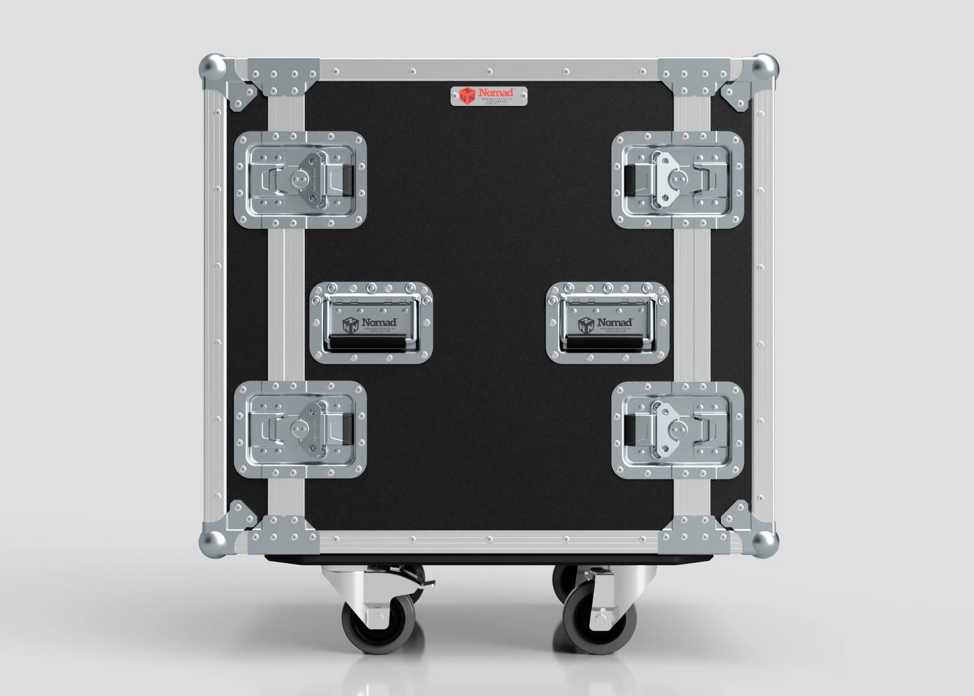 The 15U Foam Shock Mounted 19" Rack Case, featuring a black and silver finish, metal reinforcements, latches, handles, and rack strips, is shown on a light gray background.
