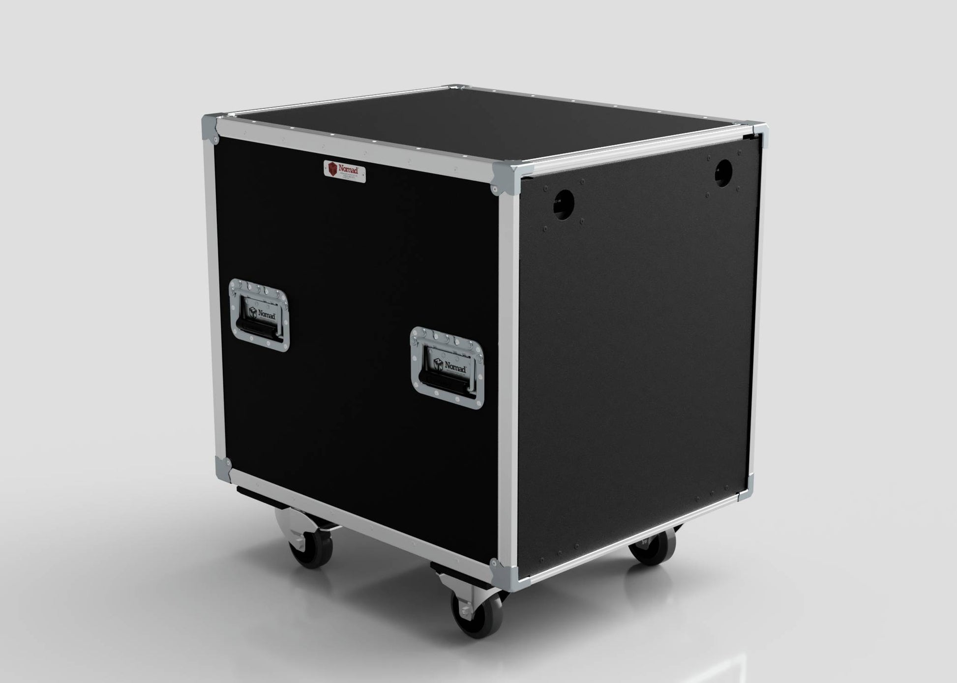 15U Shock Mount Slam Rack Case—black, rectangular, with caster wheels, metal handles, and reinforced corners—shown against a plain light background.