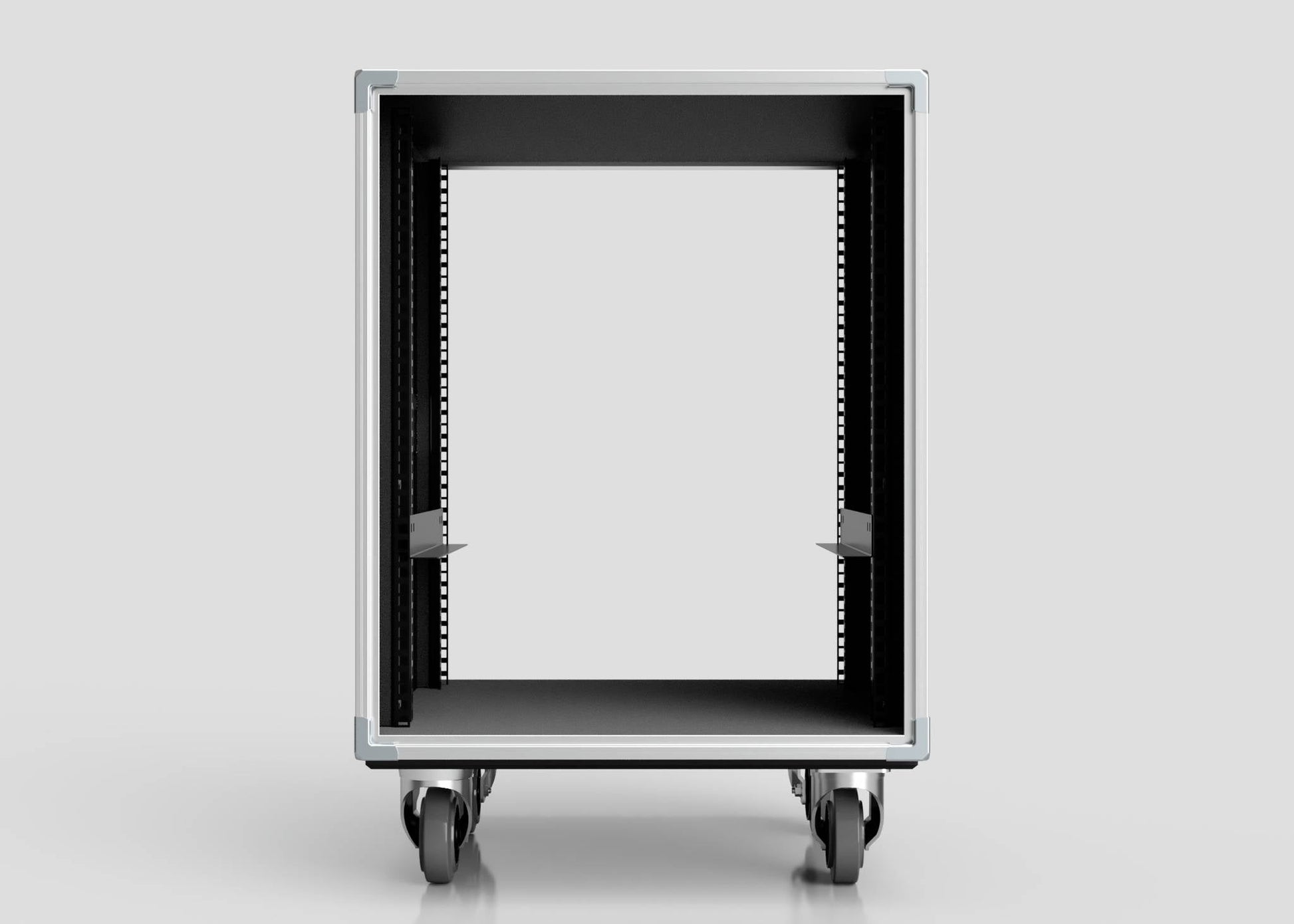 Front view of an empty 15U Slam Rack Case server rack on wheels, displayed against a plain, light background.