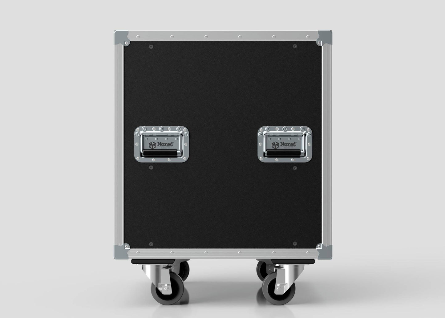 The 15U Slam Rack Case is a black rectangular rolling equipment case with metal corners, two recessed handles, and four caster wheels, shown against a plain light background.