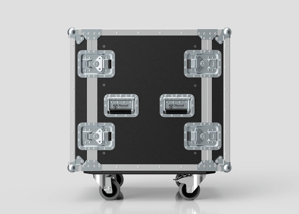 The 15U Standard Rack Case, featuring black and silver metal reinforcement, latches, handles, and wheels, is displayed against a plain light gray background.
