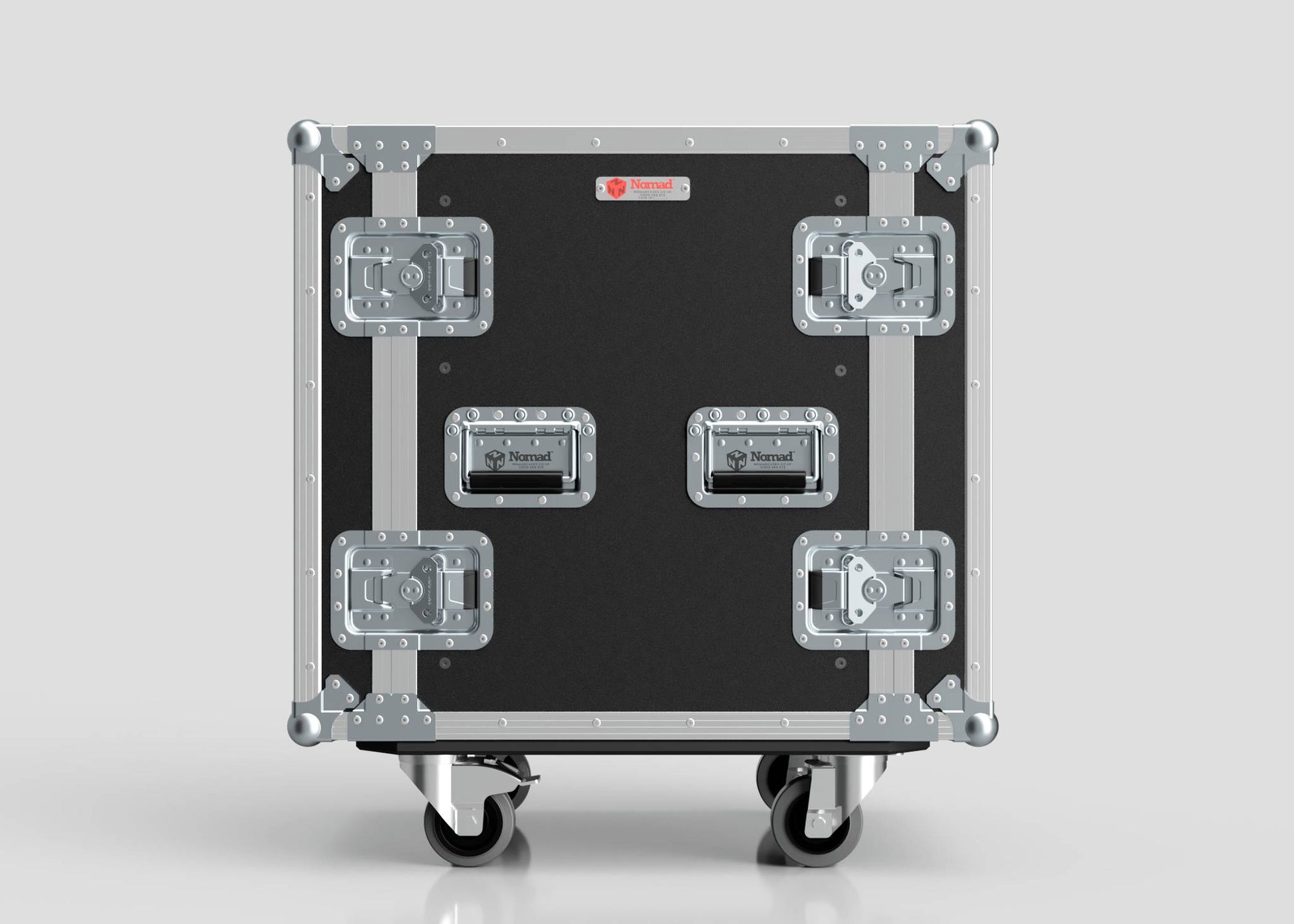 The 15U Standard Rack Case is a black and silver rack mount case with metal reinforcements, multiple latches, handles, and bottom wheels for transport—perfect for secure and easy equipment rack mobility.