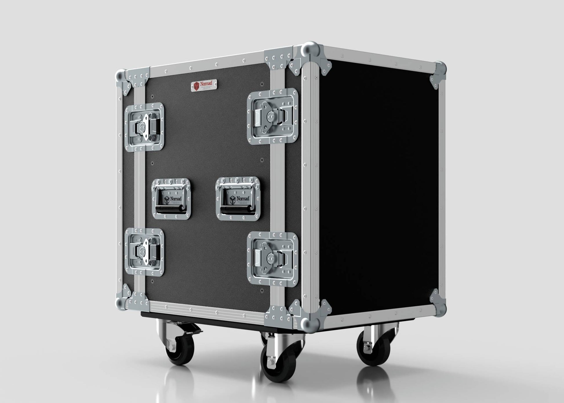 The 15U Standard Rack Case in black and silver features metal-reinforced corners, four latches, and four caster wheels, shown against a plain light background.
