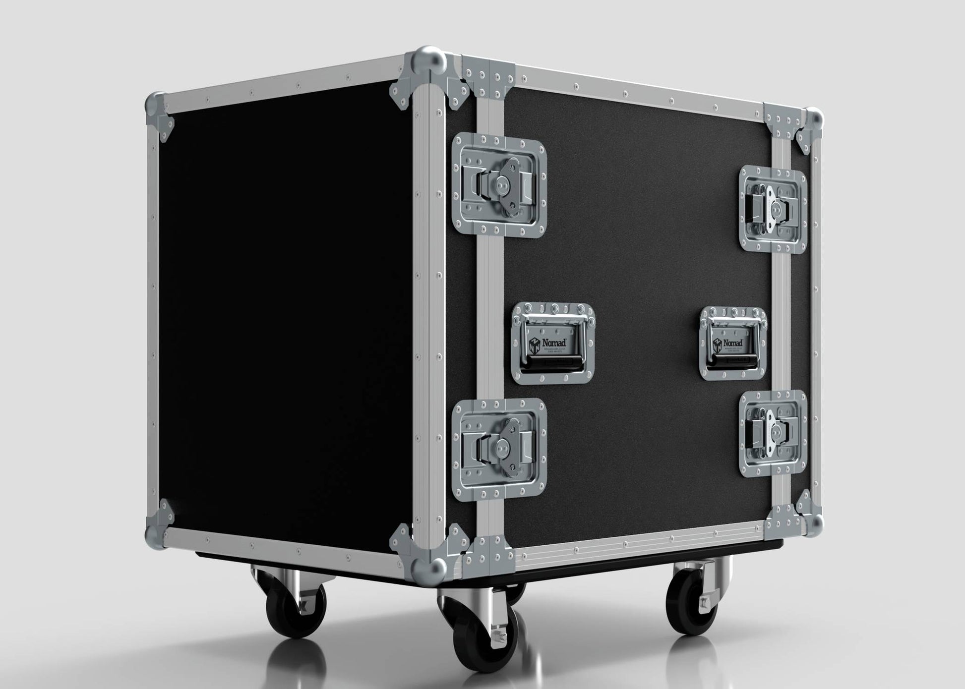 The 15U Suspended Shock Mounted Rack Case is a large black and silver road case made from European Birch plywood with metal reinforcements, handles, and four caster wheels, shown against a plain background.