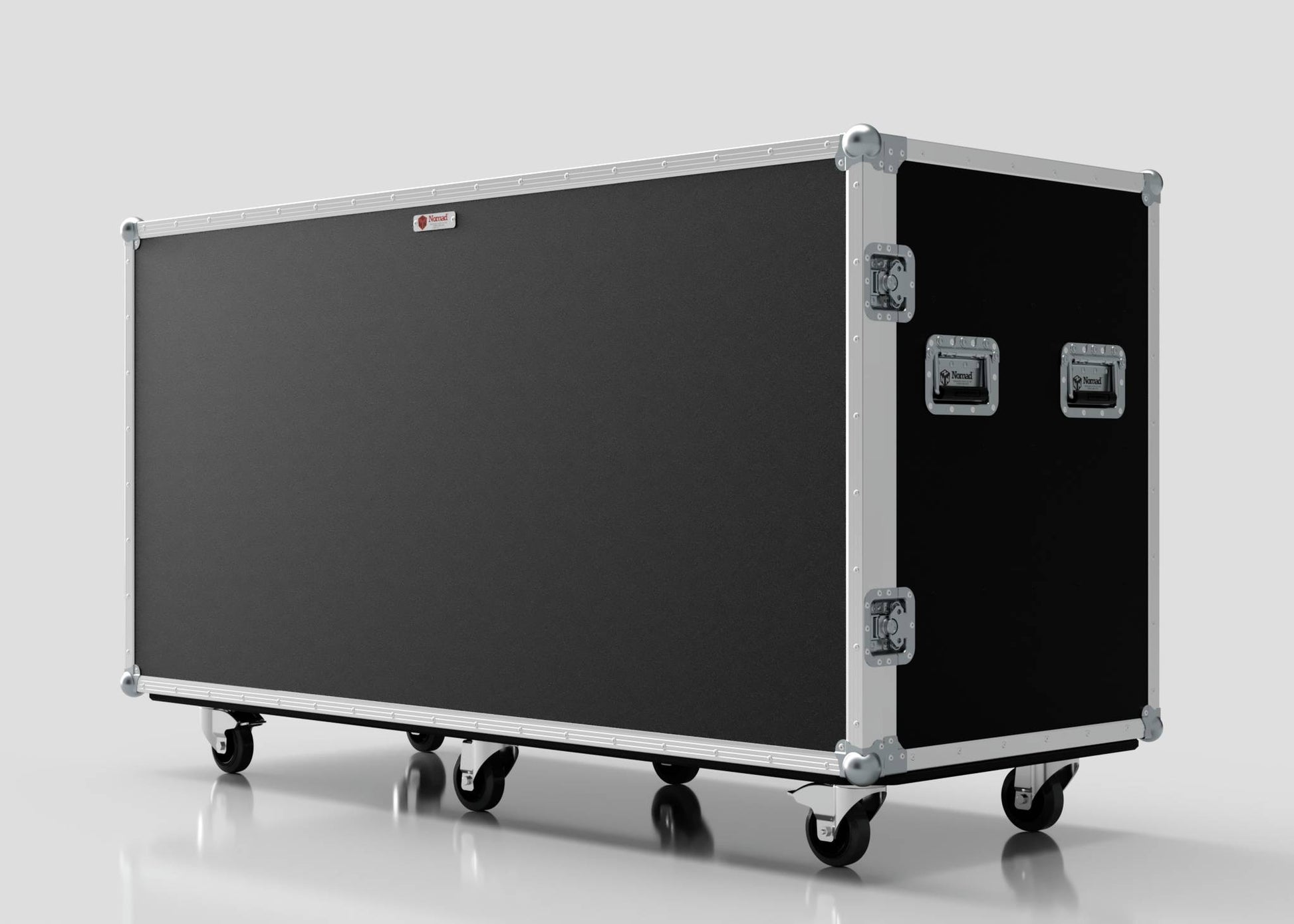 The 16 Way Euro Crate Case is a large black rectangular case with reinforced metal corners, four caster wheels, and side metal handles, designed for high load capacity.