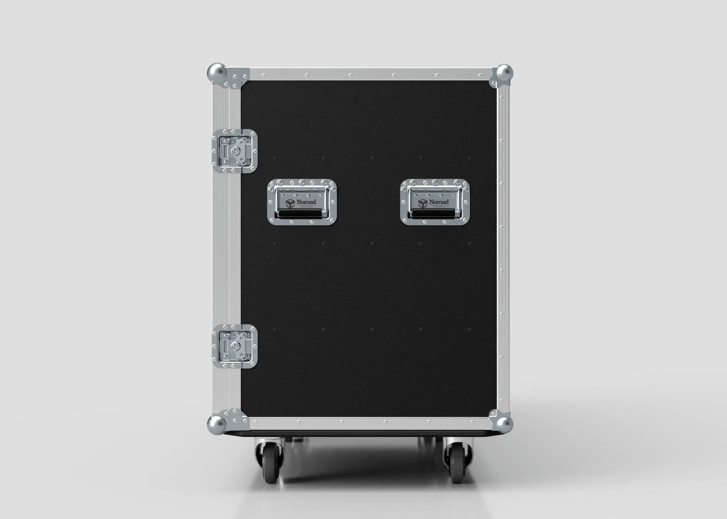 The 16 Way Euro Crate Case is a black and silver rolling equipment case with metal corners, two handles, and two latches, designed for high load capacity. Photographed against a plain white background.