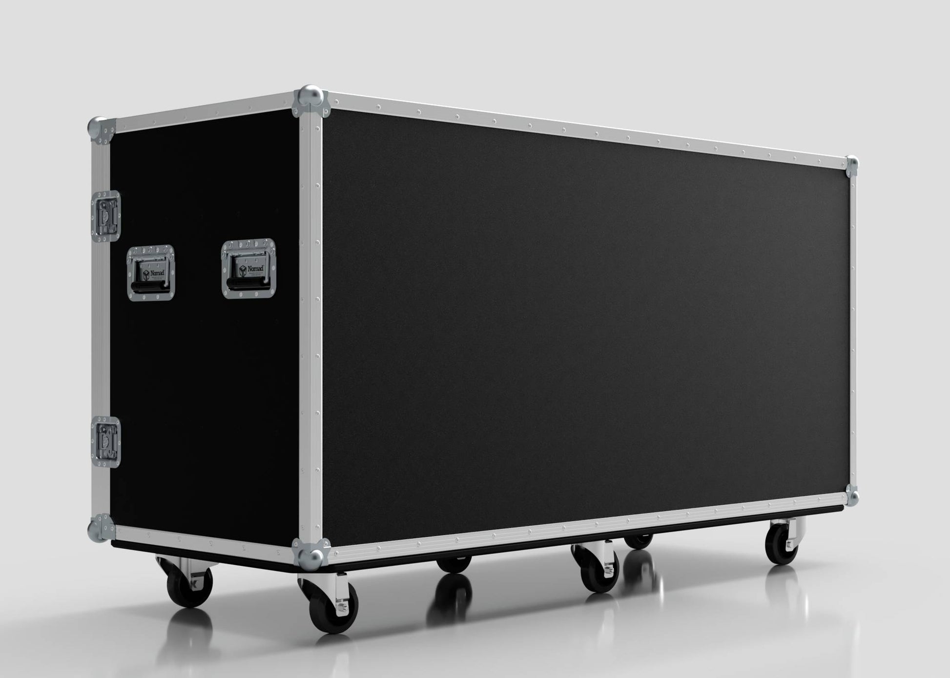 The 16 Way Euro Crate Case is a large rectangular black case with metal edges, handles, latches, and six caster wheels, providing high load capacity for equipment.