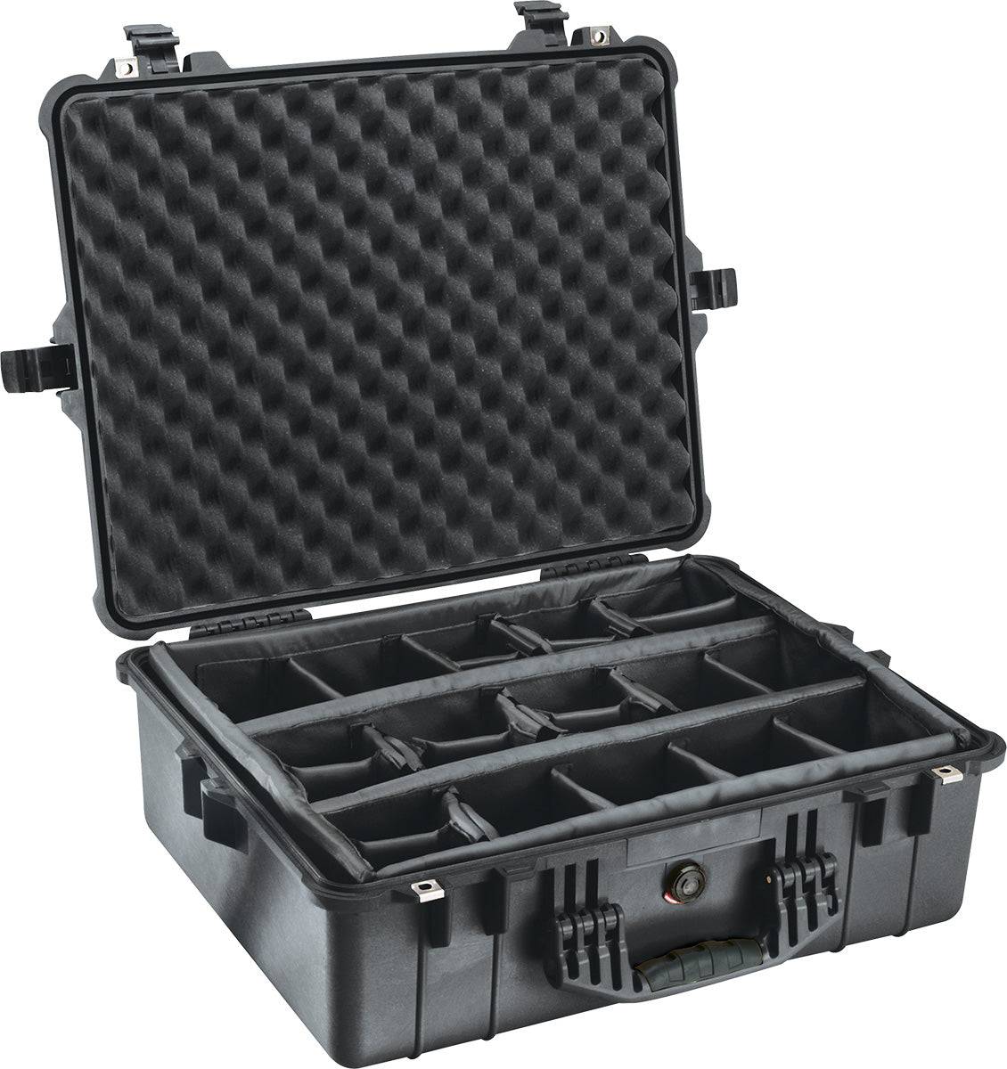 The 1600EU Protector Case is a hard plastic case with an open lid, foam padding, and several adjustable compartments for secure storage.