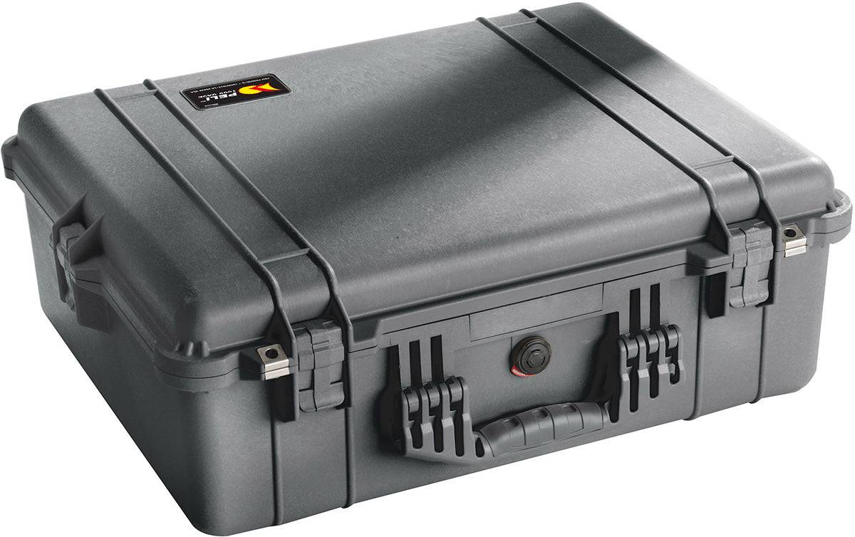 The 1600EU Protector Case is a large black crushproof case with a sturdy handle, secure latches, and reinforced edges, ideal for safely transporting sensitive equipment and ensuring maximum protection.