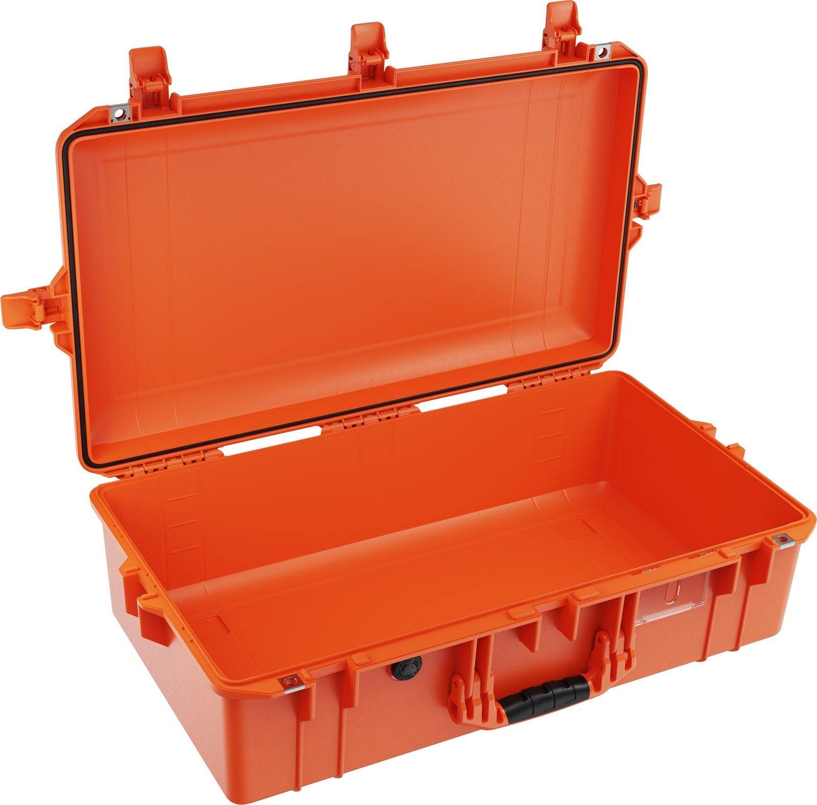 The 1605 Air Case is an open, empty, orange hard plastic airline check-in case with a handle and secure latches, viewed from a slight angle.