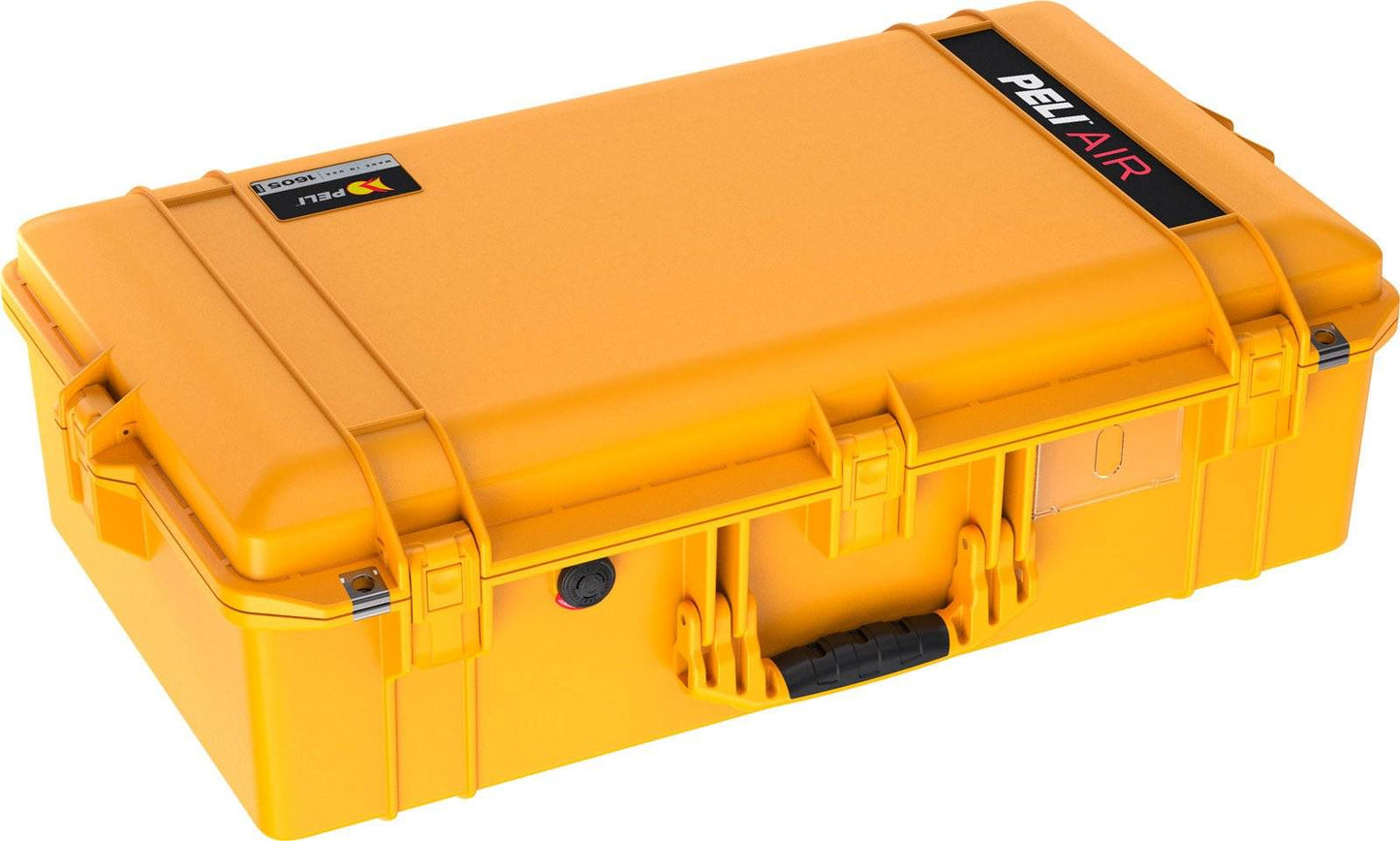 The yellow 1605 Air Case is a closed, lightweight Peli Air travel case with black handle and latches, designed for durable, protective storage and transport.
