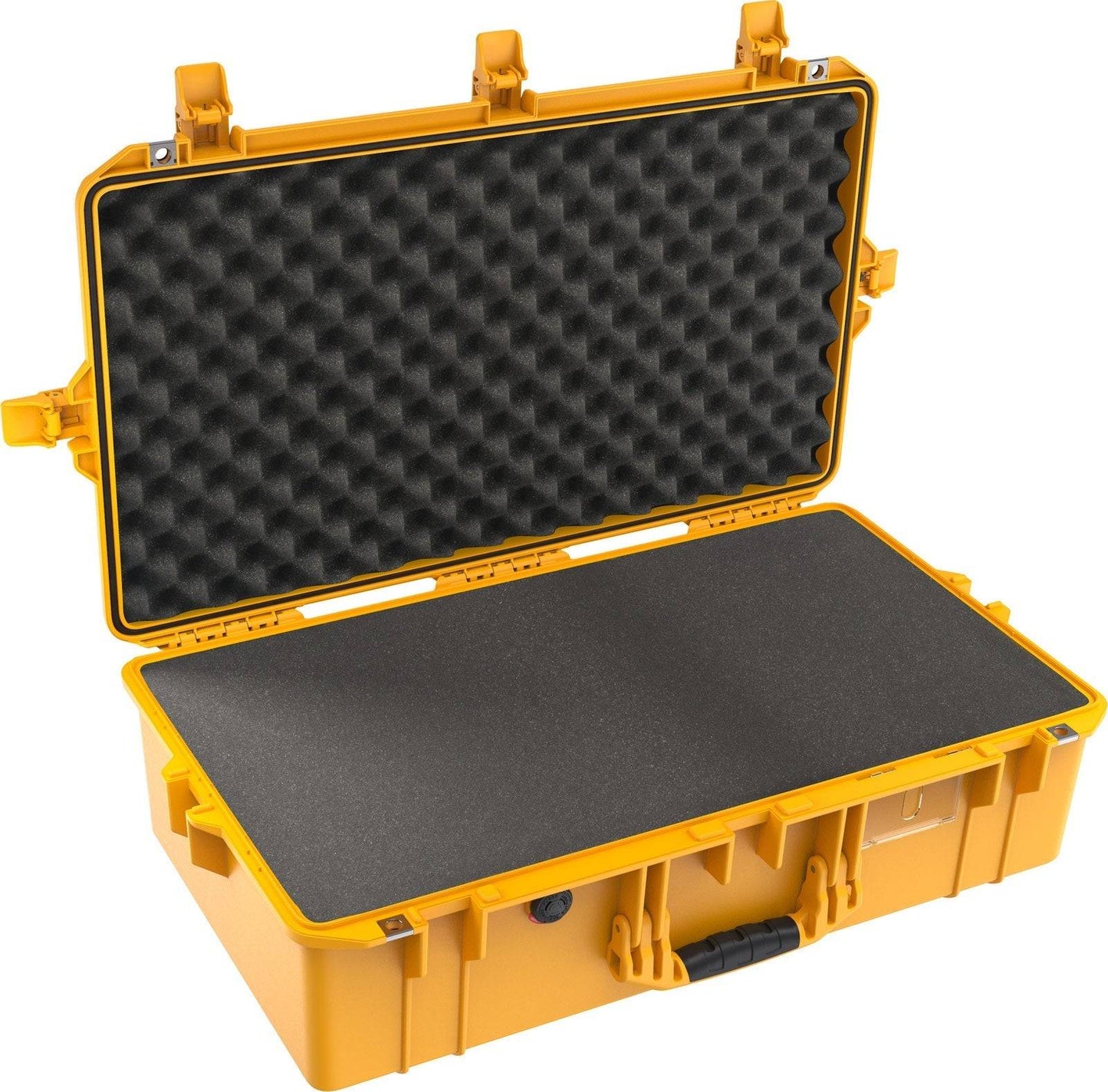 The 1605 Air Case is a yellow hard-shell waterproof case with an open lid, displaying foam padding inside to secure and protect items during transport.