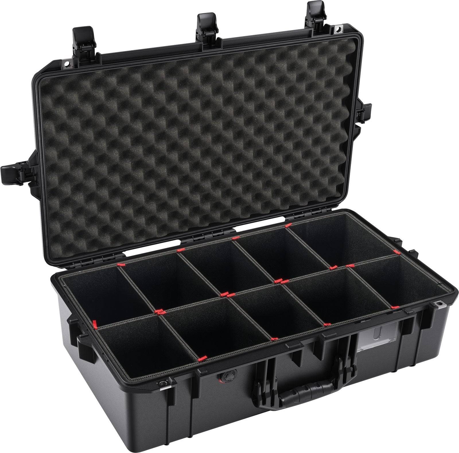 The 1605 Air Case is a black hard-shell lightweight travel case with egg-crate foam in the lid, customizable foam compartments in the base, secure latches, and convenient handles.