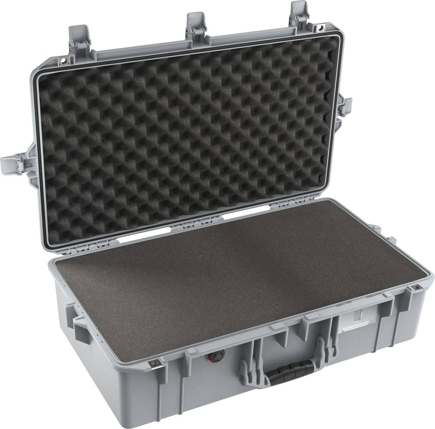 The 1605 Air Case is a large gray hard-shell waterproof case, open to reveal foam padding inside the lid and base for cushioning contents.
