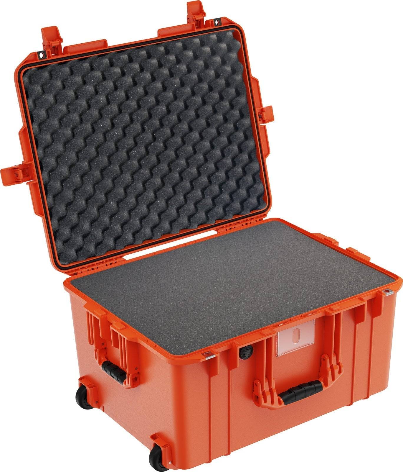 An open orange 1607 Air Case with waterproof protection, foam padding inside, and wheels on the base for easy transport.