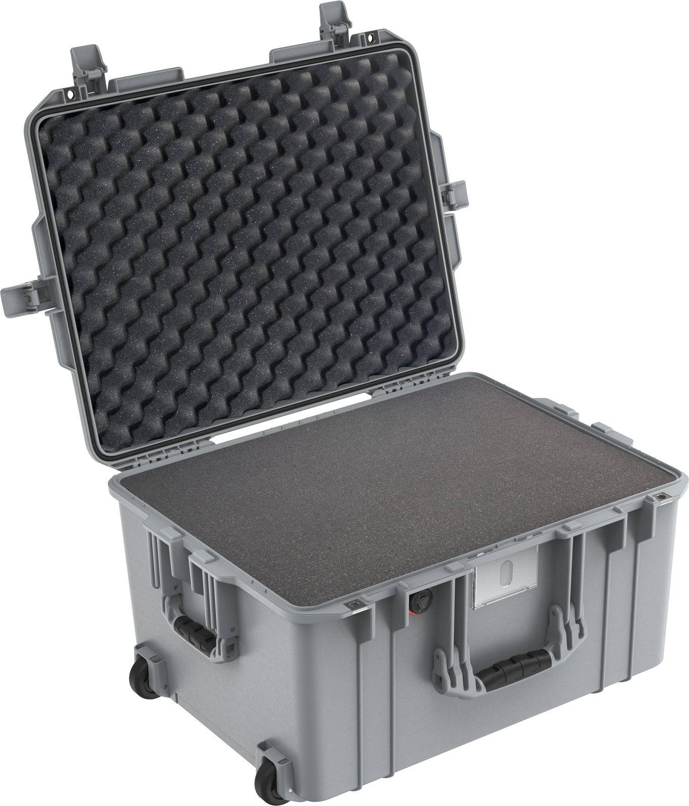 The 1607 Air Case is a hard-shell waterproof case with an open lid, foam padding inside, and wheels for transport—perfect for those needing reliable protection like the PELI Air series.