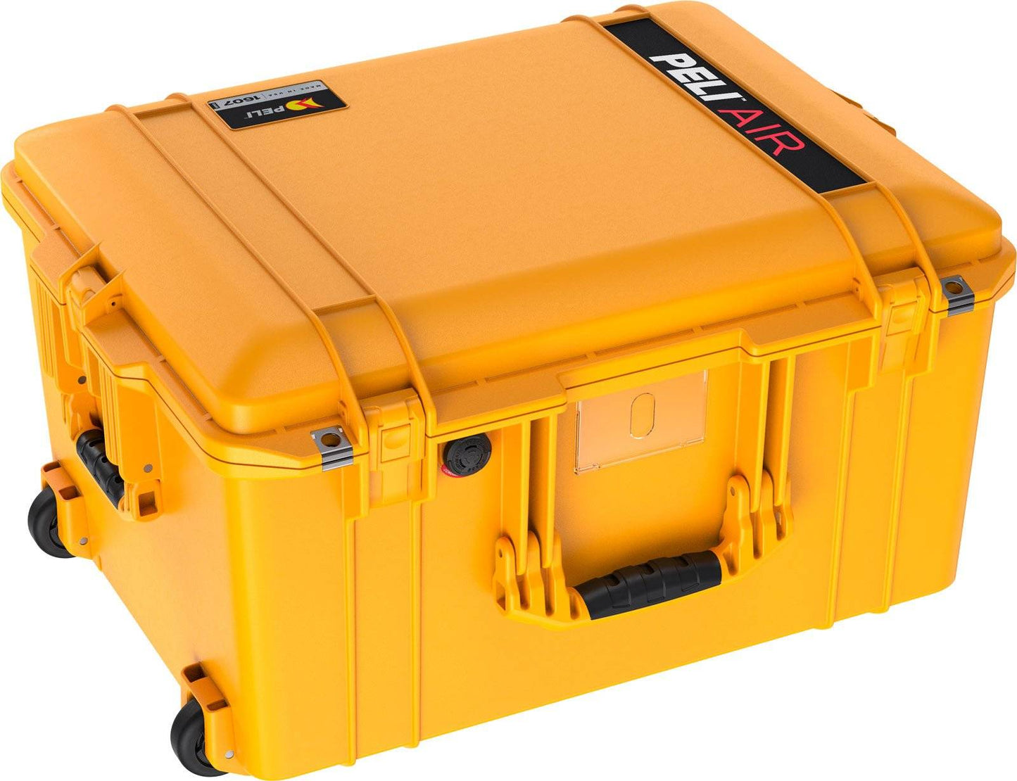 The 1607 Air Case is a large, bright yellow waterproof case with black handles, wheels, and secure latches, designed for protective storage and transport.
