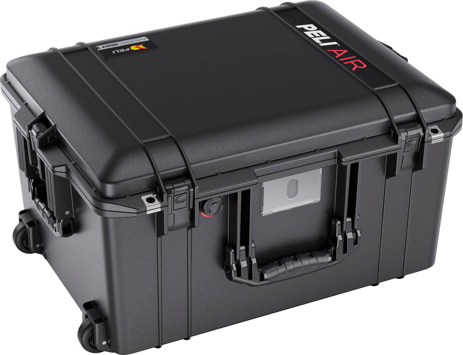 The black 1607 Air Case is a PELI waterproof case with wheels, handles, secure latches, and a visible logo on the lid.