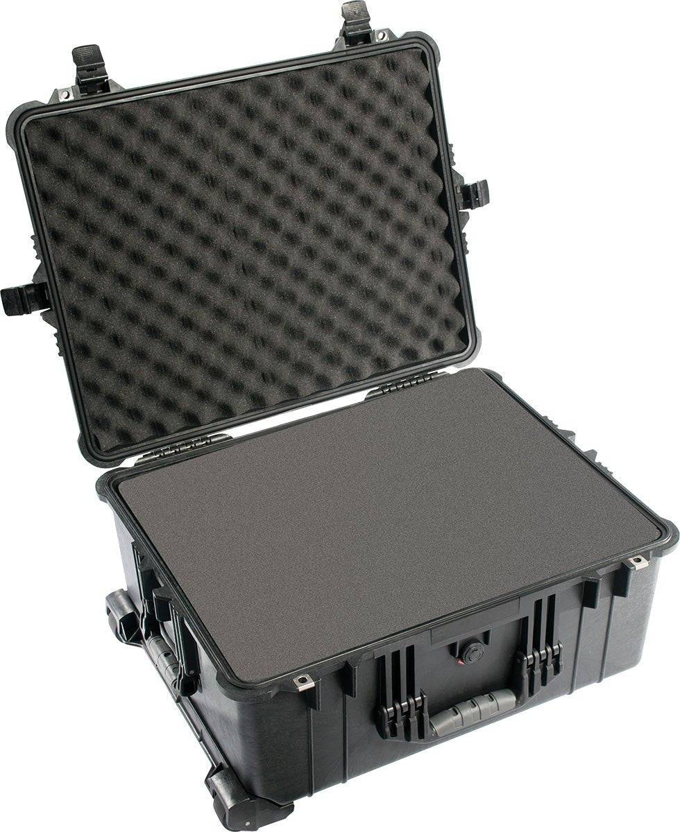 An open 1610EU Protector Case shows egg-crate foam inside. This large black case is crushproof, watertight, and equipped with handles, latches, and wheels for secure, easy transport.