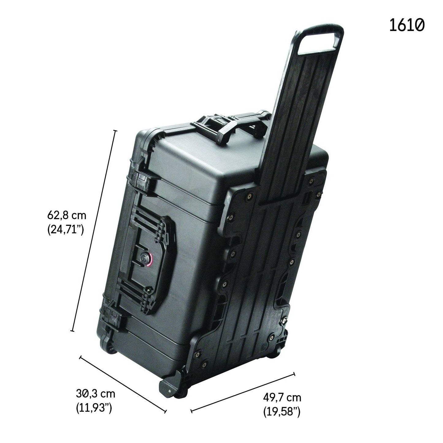 Black 1610EU Protector Case, a hard-shell rolling case with an extended handle, shown upright. Watertight and crushproof. Dimensions: 62.8 x 30.3 x 49.7 cm (24.71 x 11.93 x 19.58). Model number: 1610EU.