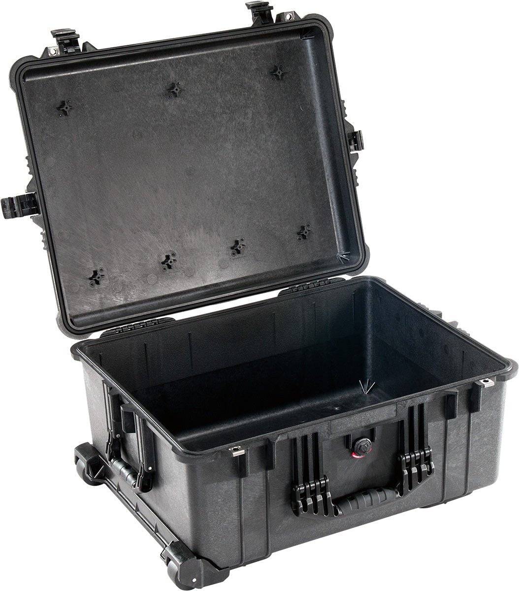 The 1610EU Protector Case is a black hard plastic PELI case with an open lid, handle, and wheels for easy transport. This watertight case keeps your equipment protected wherever you go.