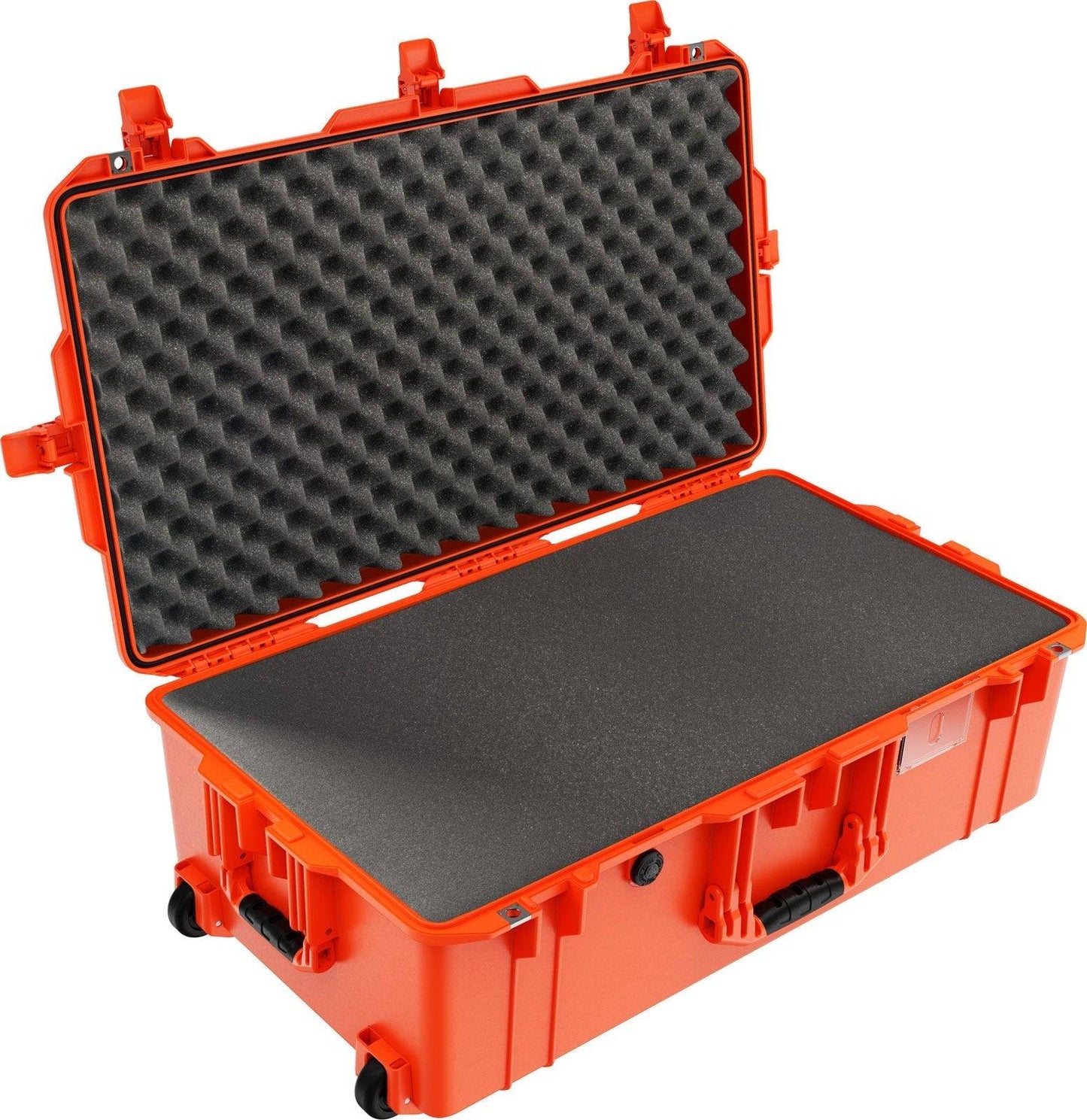 The open orange 1615 Air Case has foam padding inside, wheels, and black handles for transport. Lightweight yet protective, this case keeps your gear safe and secure wherever you go.