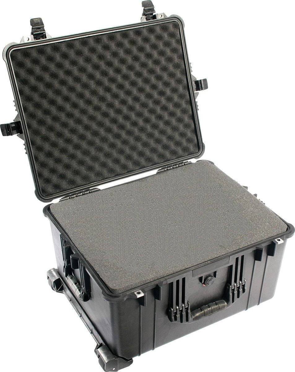 The 1620EU Protector Case is a hard, black PELI case with an open lid, featuring foam padding for cushioning and secure storage. This crushproof case keeps valuables safe and protected.