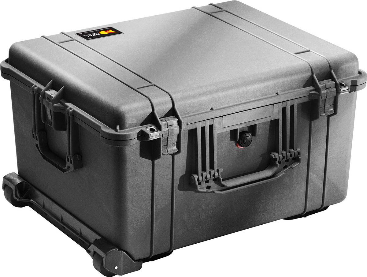 The 1620EU Protector Case is a hard-shell black case with secure latches, a handle, and wheels for portability; its watertight design ensures your equipment stays protected wherever you go.