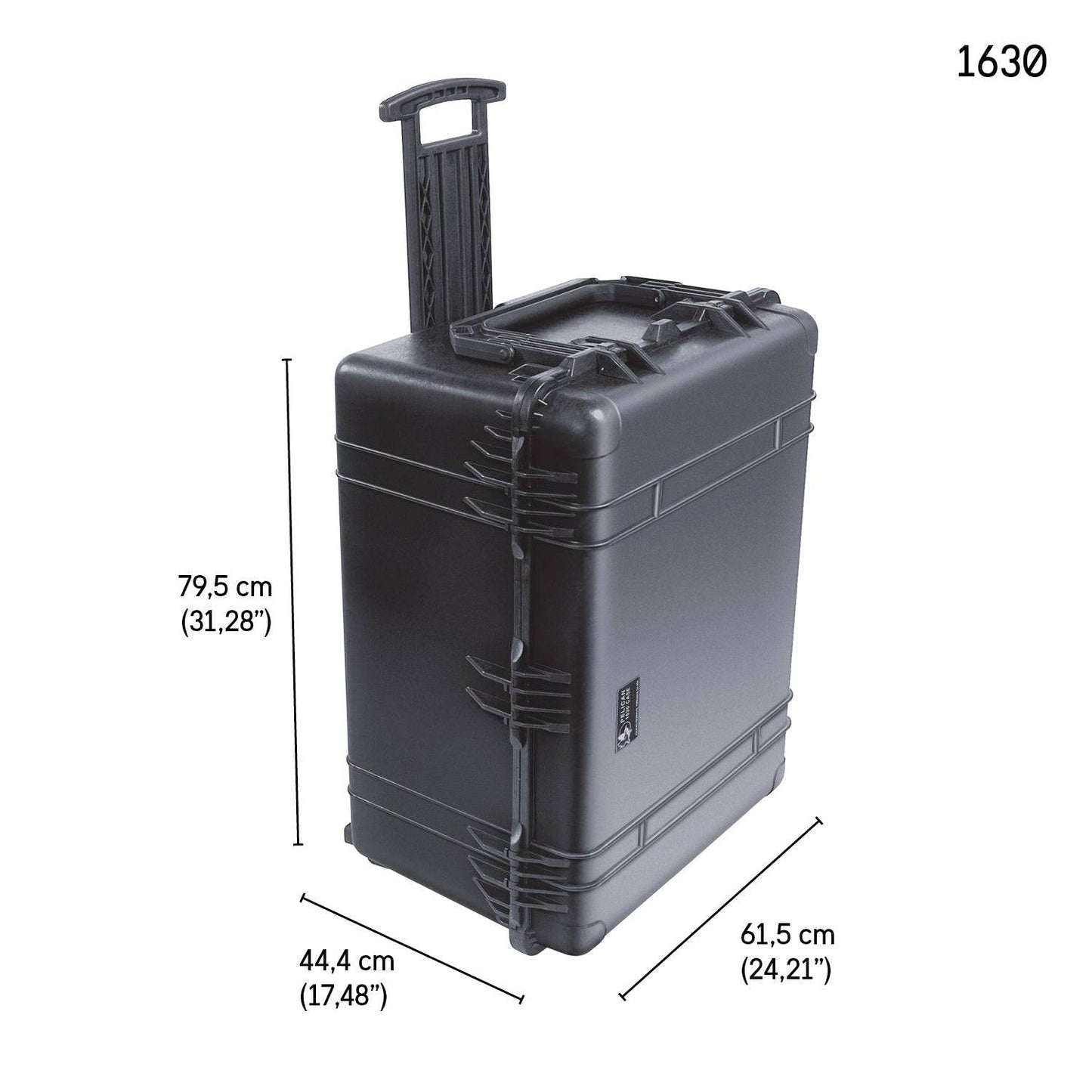 The black 1630 Protector Transport Case, shown with handle extended, is crushproof and watertight. Dimensions: 79.5 cm x 44.4 cm x 61.5 cm. Model 1630 is displayed in the top right corner.