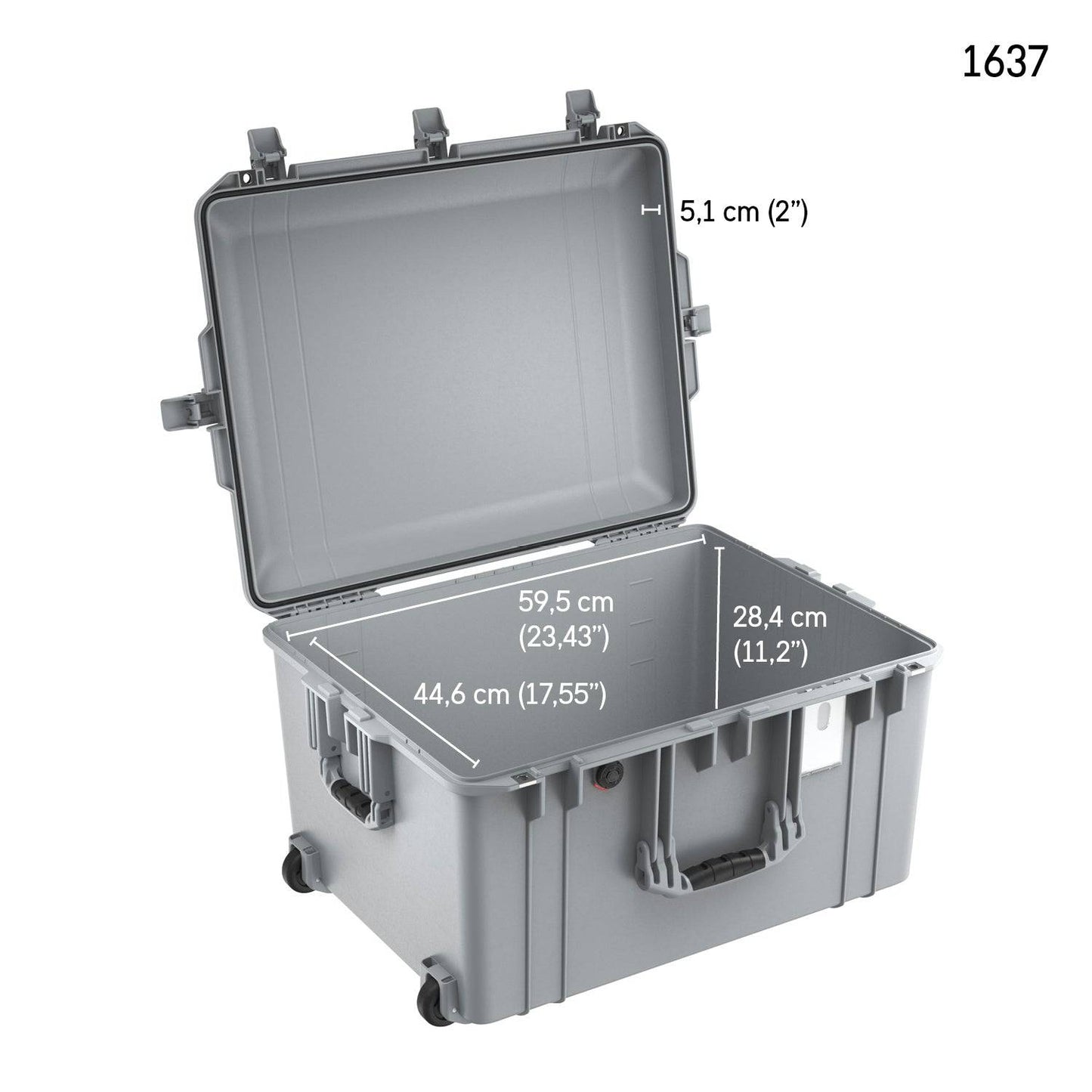 A gray 1637 Air Case with wheels, open lid, and lightweight polymer build shows internal dimensions of 59.5 x 44.6 x 28.4 cm and a lid depth of 5.1 cm. The number "1637" appears in the top right corner.