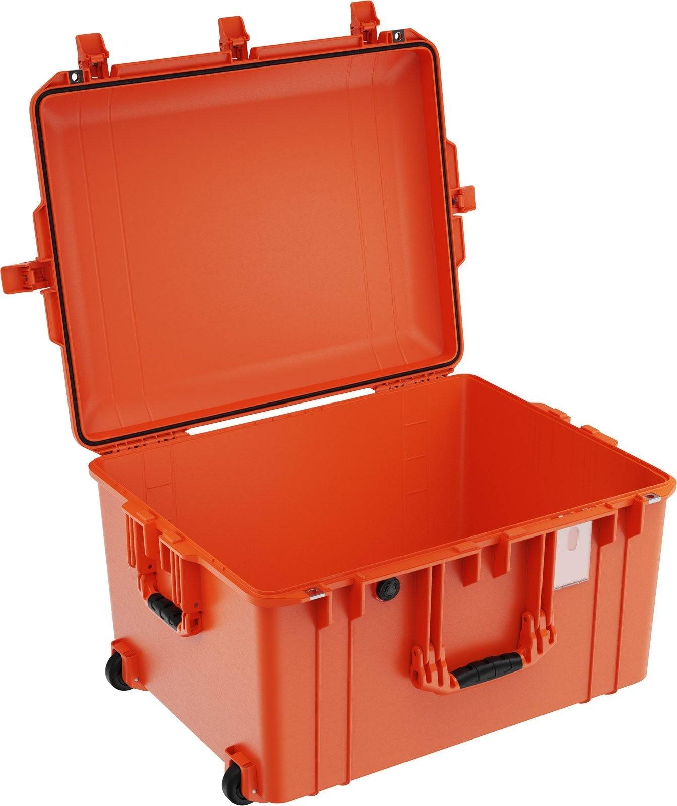 An open, empty 1637 Air Case—large, orange, waterproof, with wheels and handles, made from lightweight polymer—shown from an angled view.