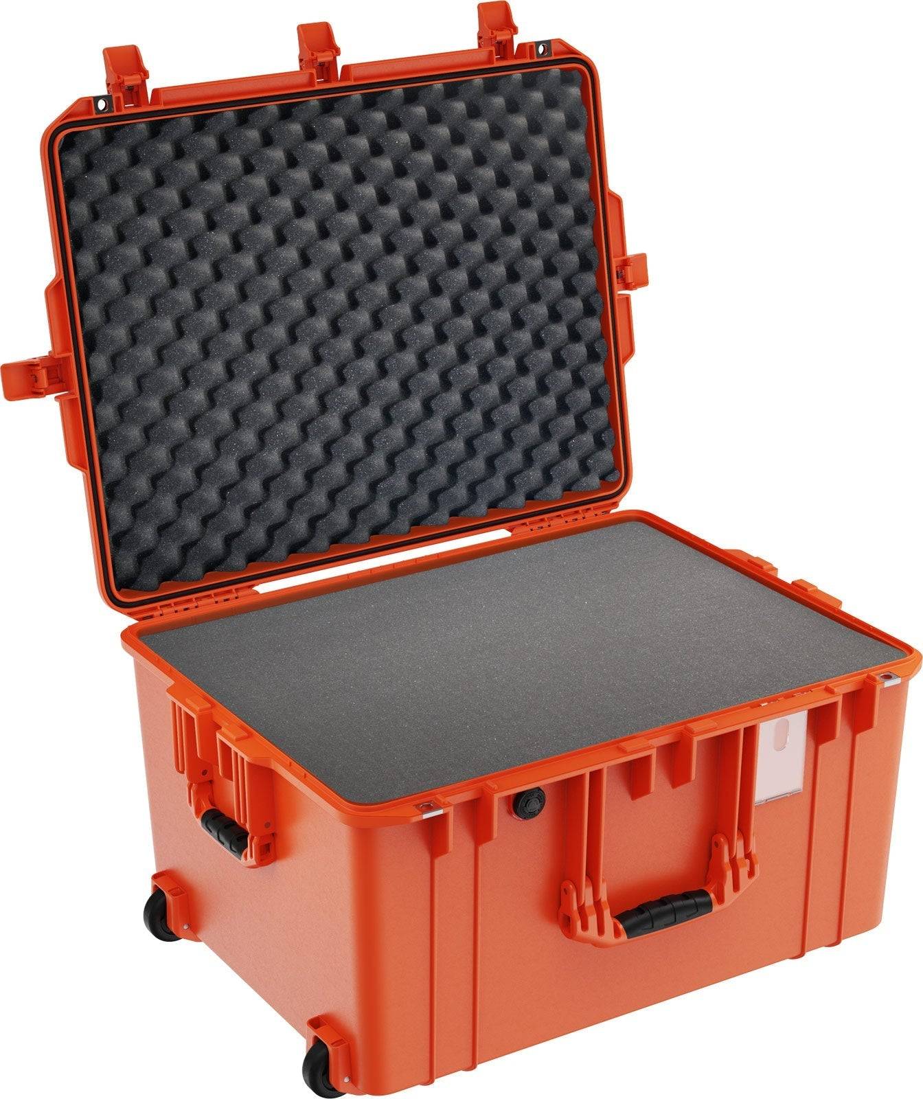 The 1637 Air Case, made from lightweight polymer, features foam padding, sturdy side handles, and a raised lid. This orange waterproof case provides reliable protection for your gear.
