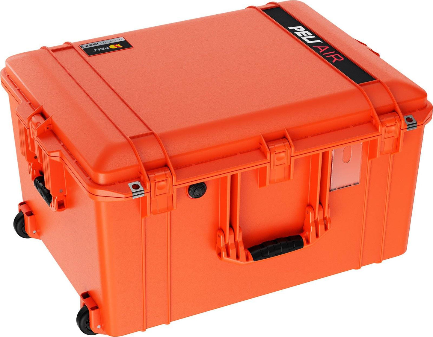 A large, bright orange 1637 Air Case with black handles and wheels, waterproof and protective, labeled "PELI Air case" on top.