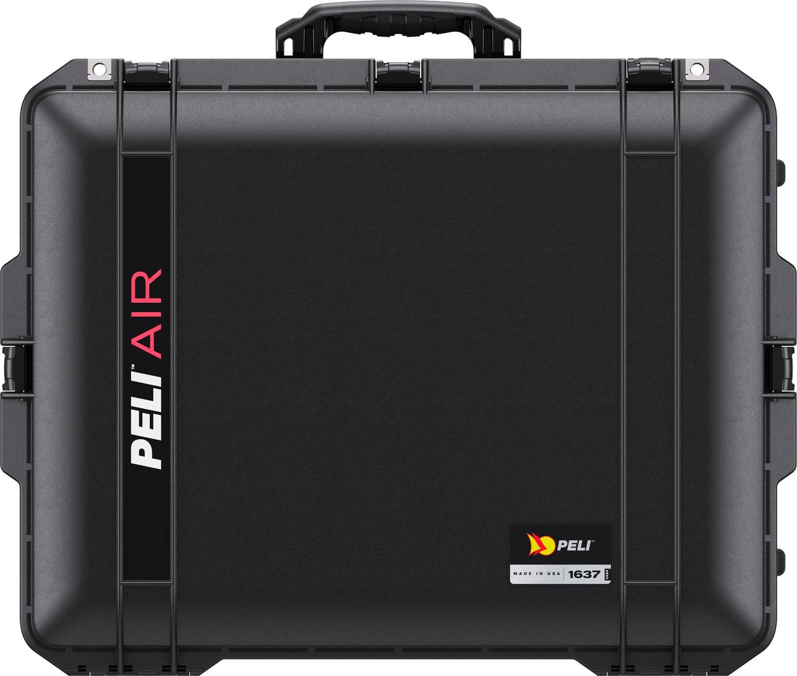 The 1637 Air Case is a black, lightweight polymer PELI Air case with a handle, featuring the Peli Air logo and model number on the front. This waterproof protective case ensures reliable security for your gear.