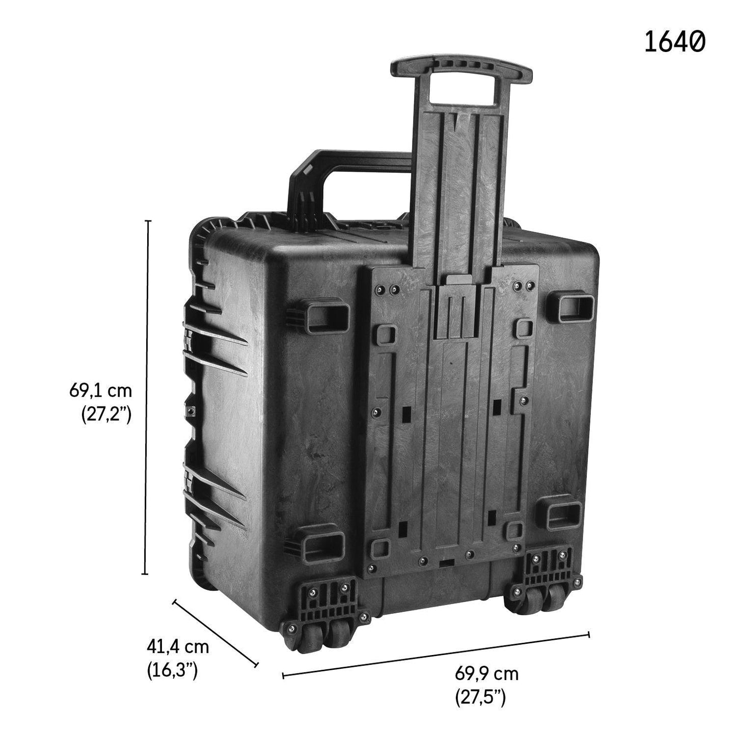 The 1640 Protector Transport Case is a large black, watertight, crushproof case with wheels and an extended handle. Dimensions: 69.1 cm x 69.9 cm x 41.4 cm.