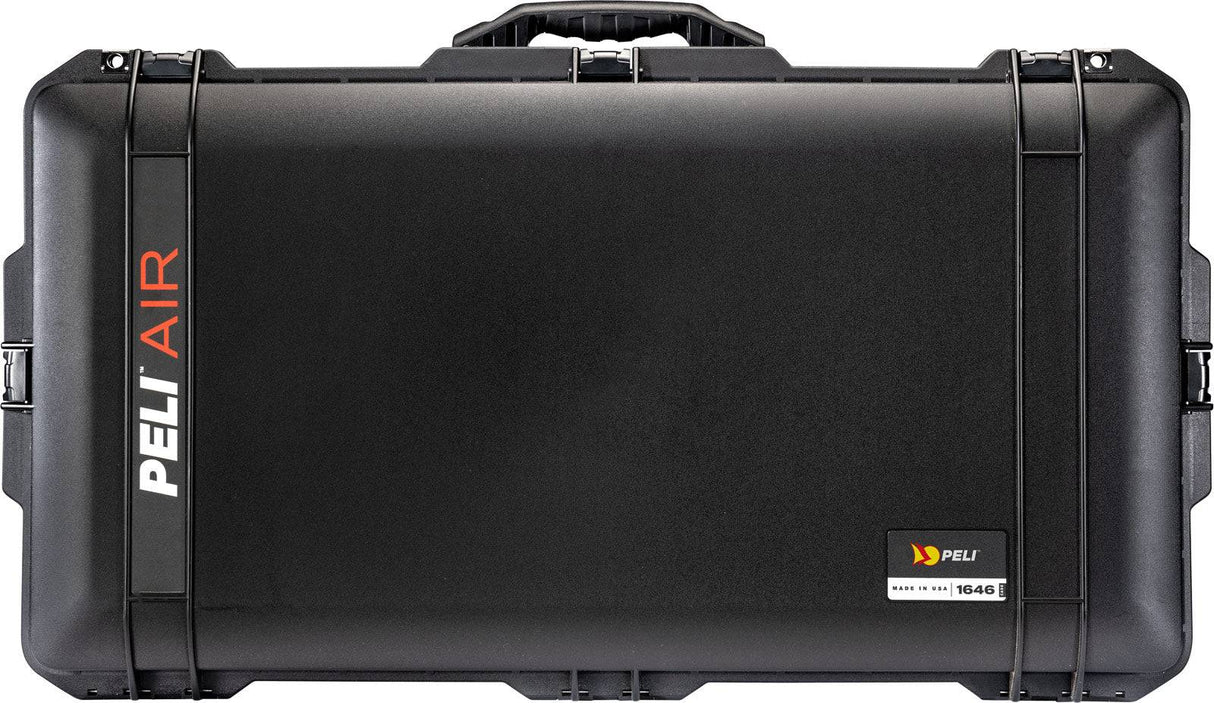 The 1646 Air Case is a black hard-shell, lightweight polymer case with handle, brand logo, and orange AIR label left side, plus model number badge. It provides reliable waterproof protection as part of the PELI Air Long/Deep Series.