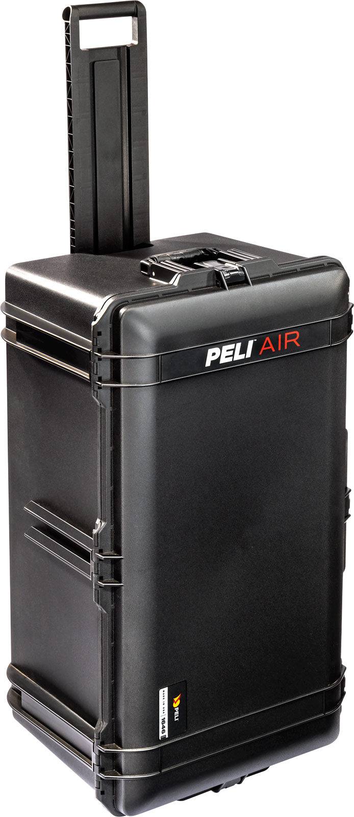 Black 1646 Air Case from PELI’s Long/Deep Series, featuring a hard-shell design, wheels, and extended telescopic handle. Lightweight polymer construction offers tough, waterproof protection. Shown upright on a white background.