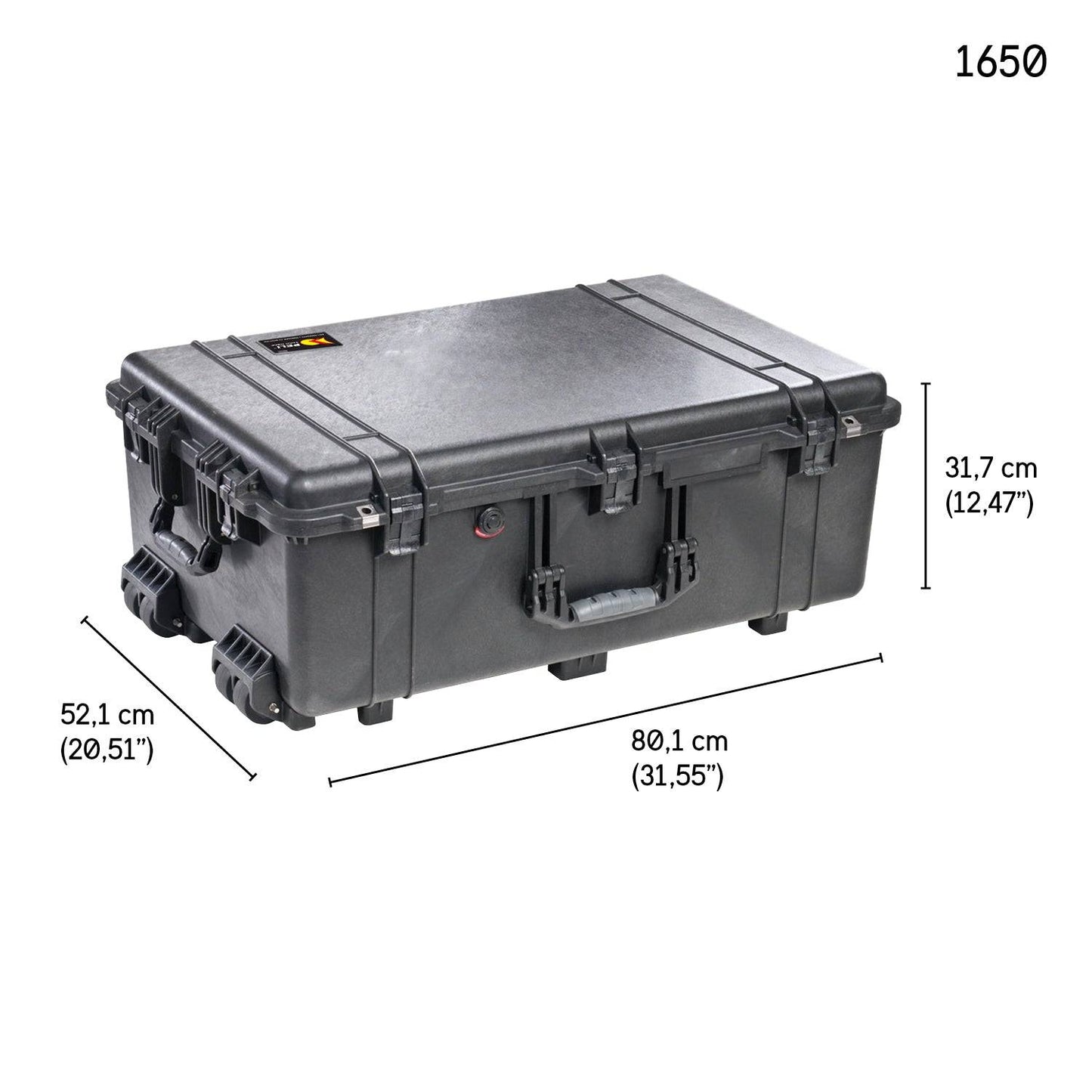 A black 1650EU Protector Case with handles and wheels is shown, featuring a watertight, crushproof design. Dimensions: 80.1 x 52.1 x 31.7 cm (31.55 x 20.51 x 12.47 in). Model number 1650 displayed.