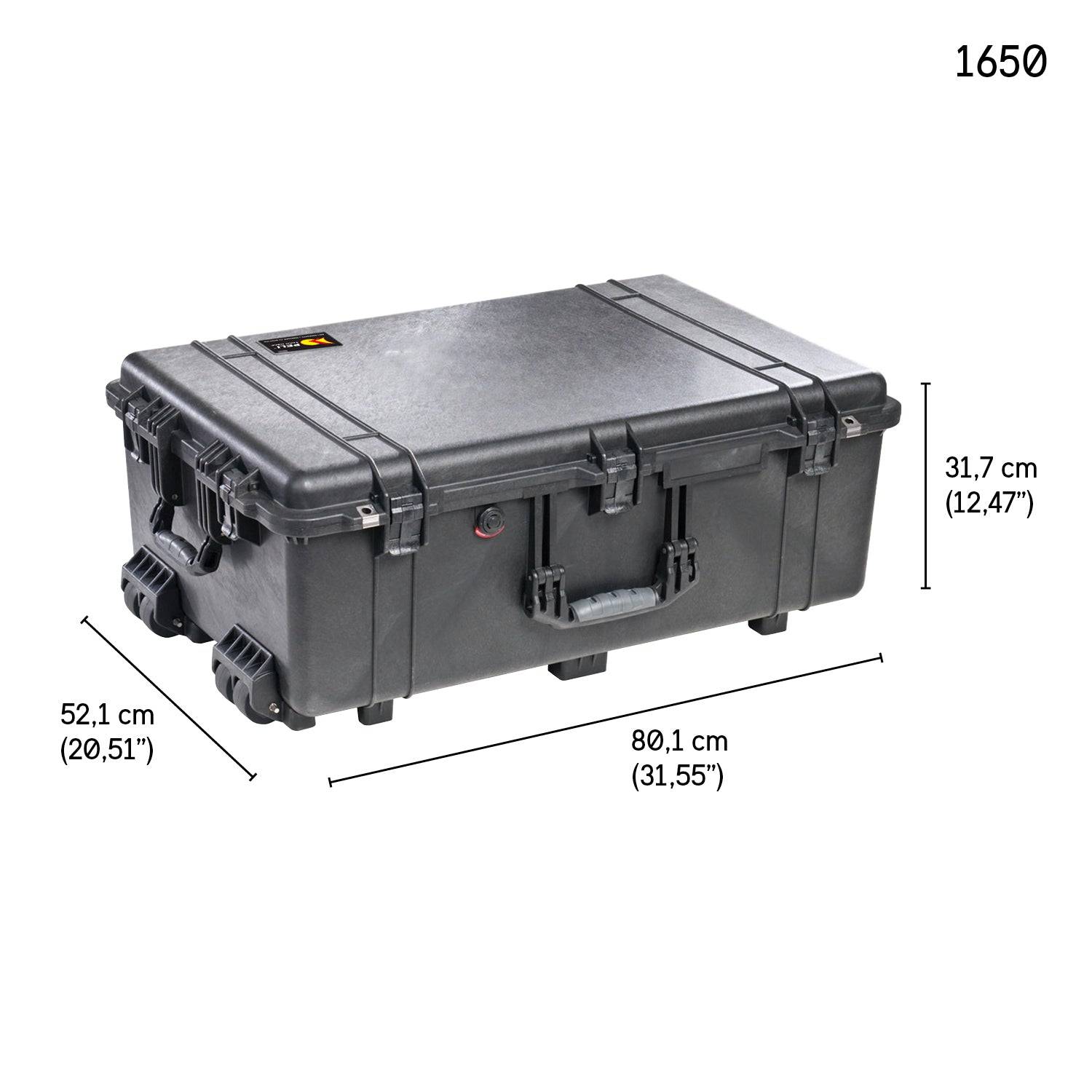 A black 1650EU Protector Case with handles and wheels is shown, featuring a watertight, crushproof design. Dimensions: 80.1 x 52.1 x 31.7 cm (31.55 x 20.51 x 12.47 in). Model number 1650 displayed.