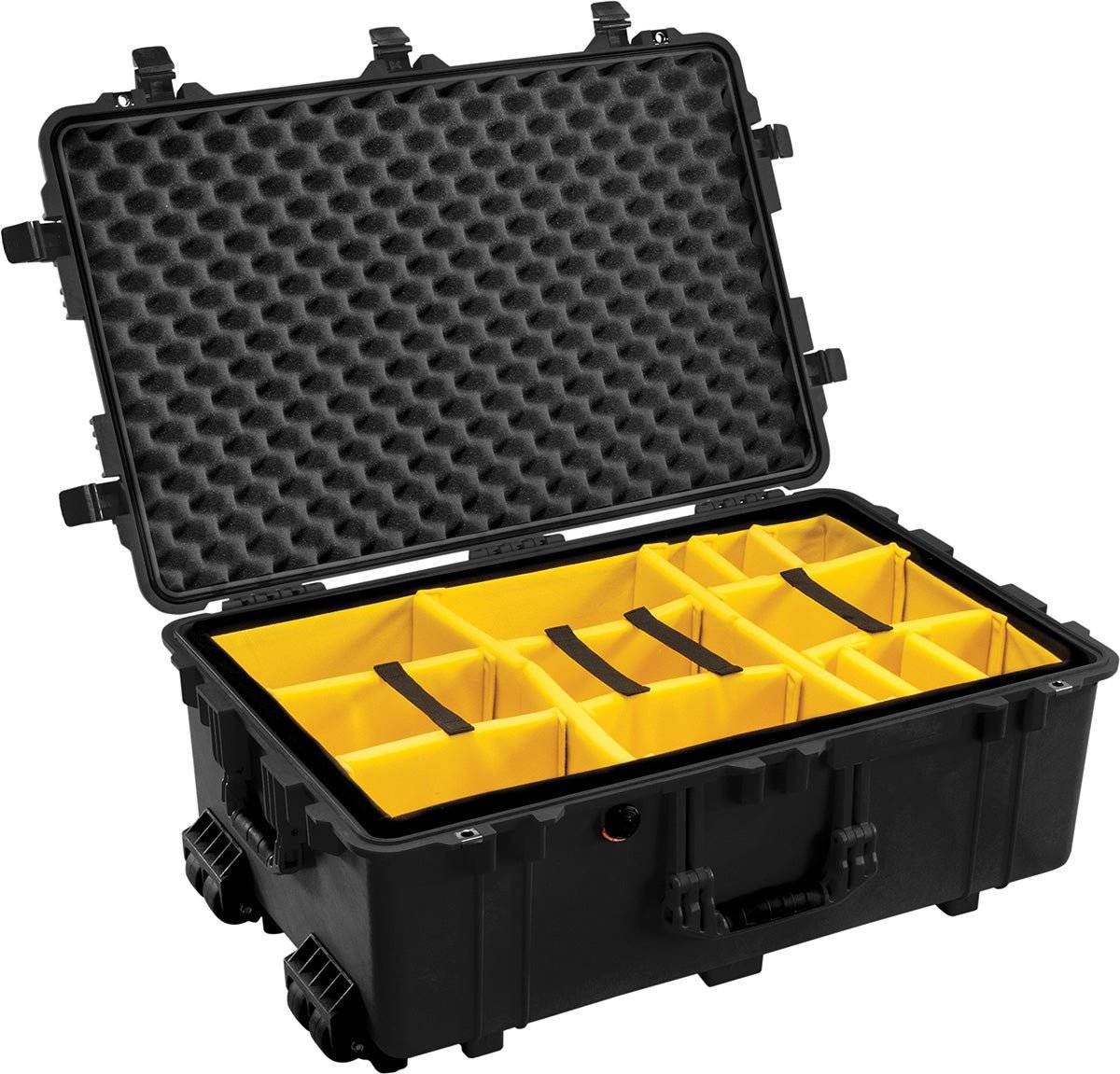 The 1650EU Protector Case is a black, crushproof case with yellow padded dividers and a foam-lined lid, open to show multiple compartments—ideal for organizing and protecting your items.