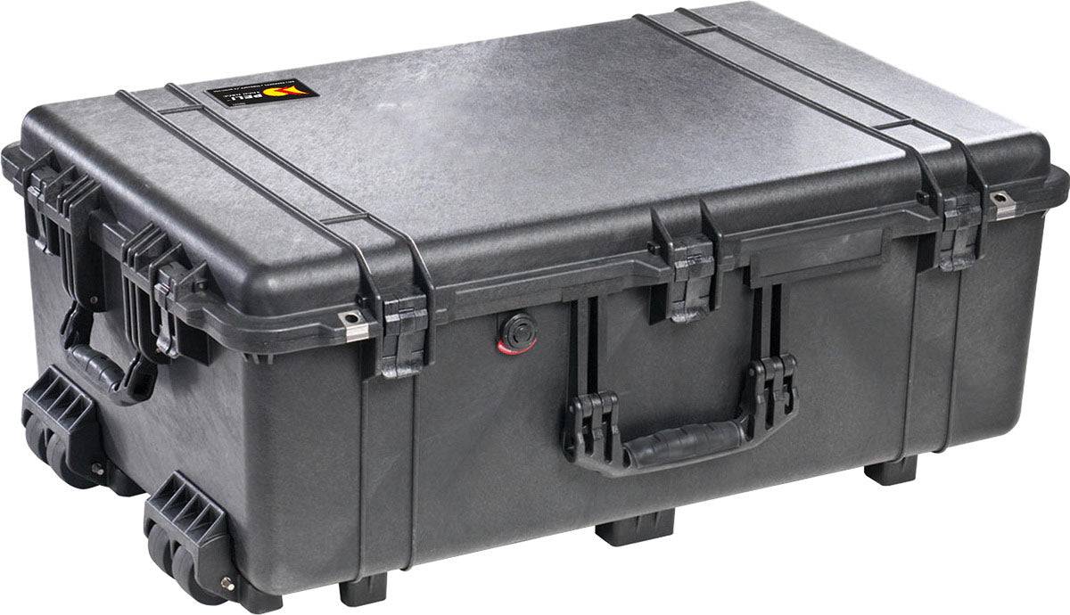 The 1650EU Protector Case is a large, black hard-shell case with sturdy handles, reinforced corners, latches, wheels, and a crushproof exterior, offering durable protection for your valuable equipment.